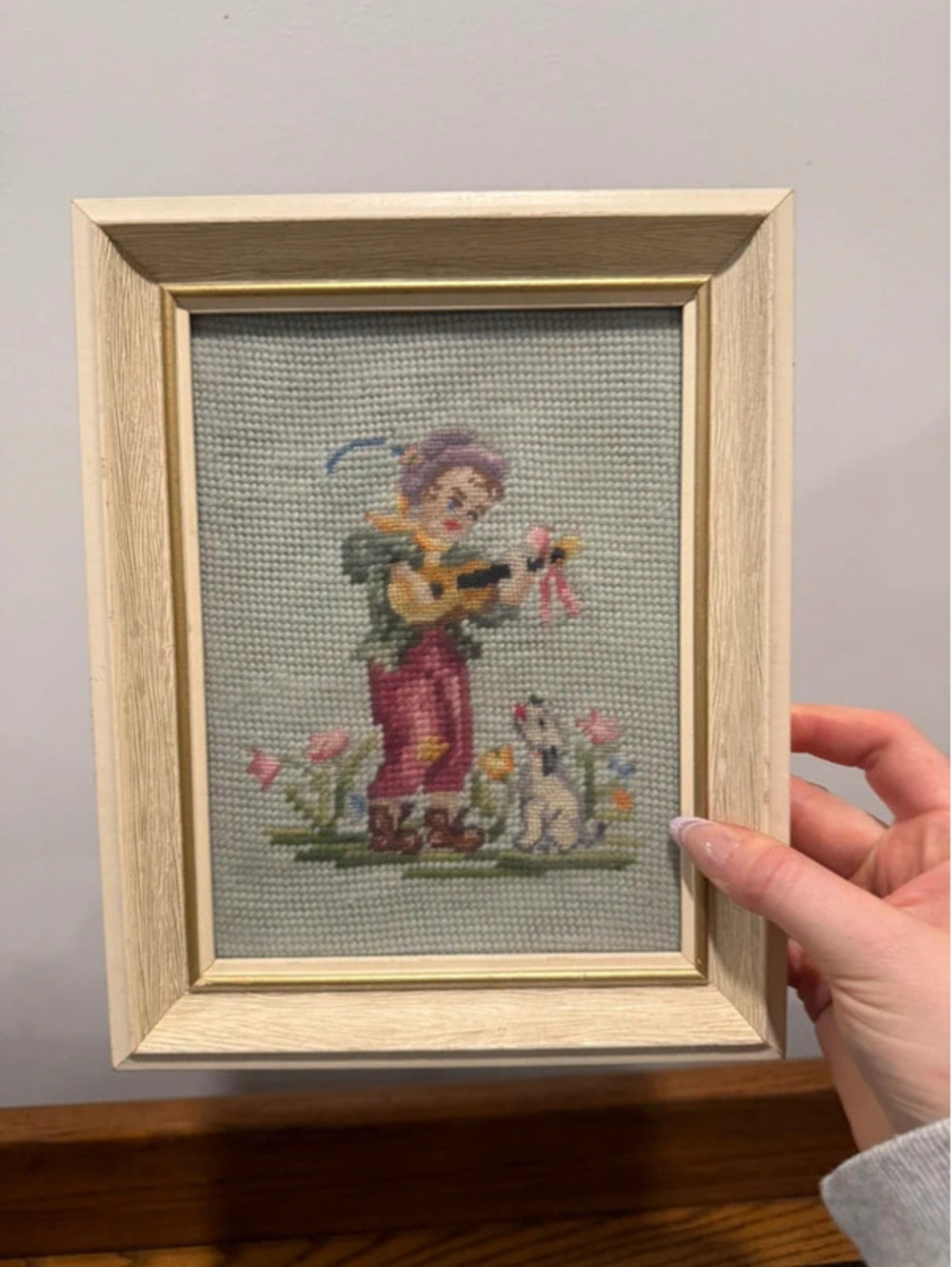 Vintage Boy with Guitar & Dog Needlepoint Framed Wall Art